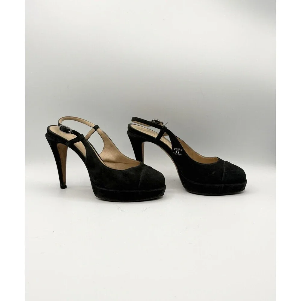 Chanel Black Suede Slingback Platform Cap Toe Heels Silver CC Logo Size EU 37.5